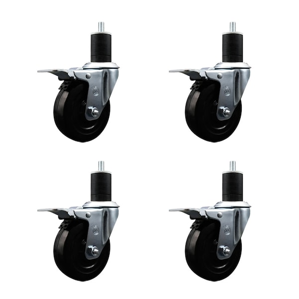 4'' SS Soft Rubber Swivel 1-3/4'' Expanding Stem Caster Set Total Lock Brake, 4PK
